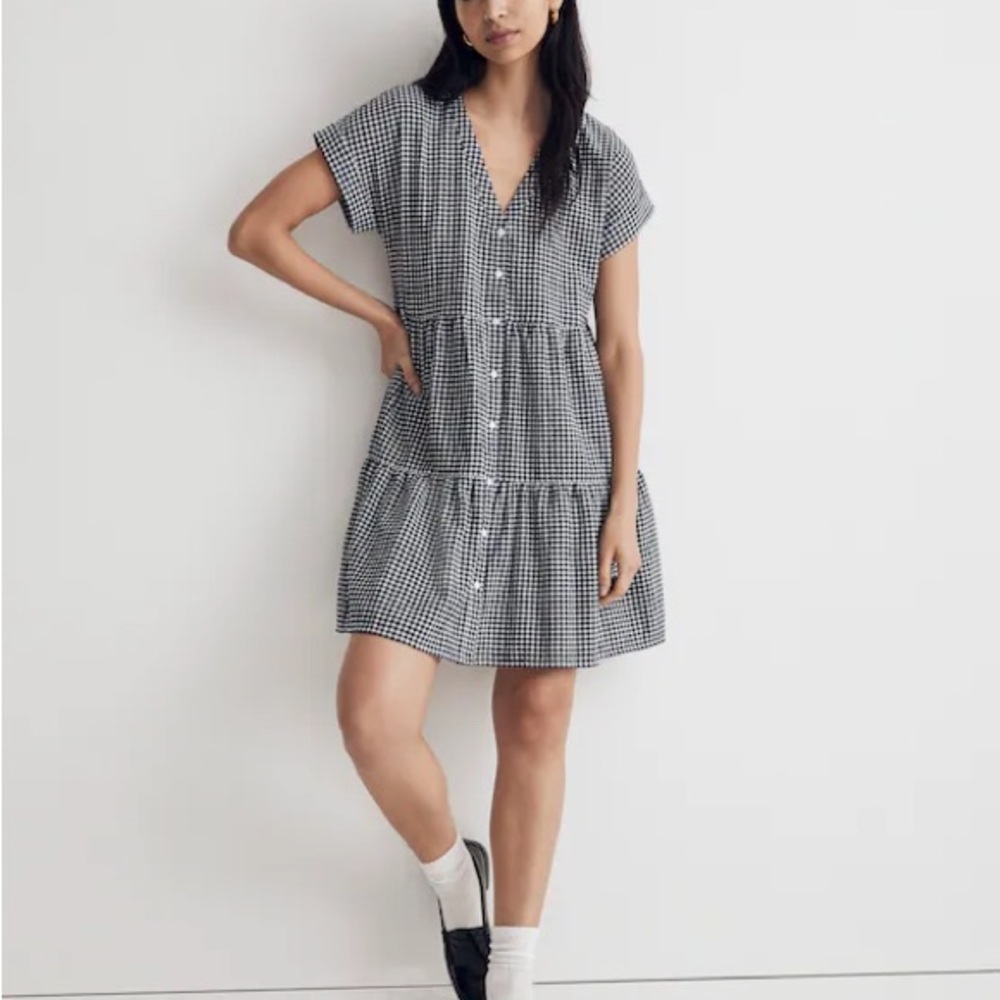 Cuff-Sleeve Button-Front Tiered Mini Dress in Gingham Check
